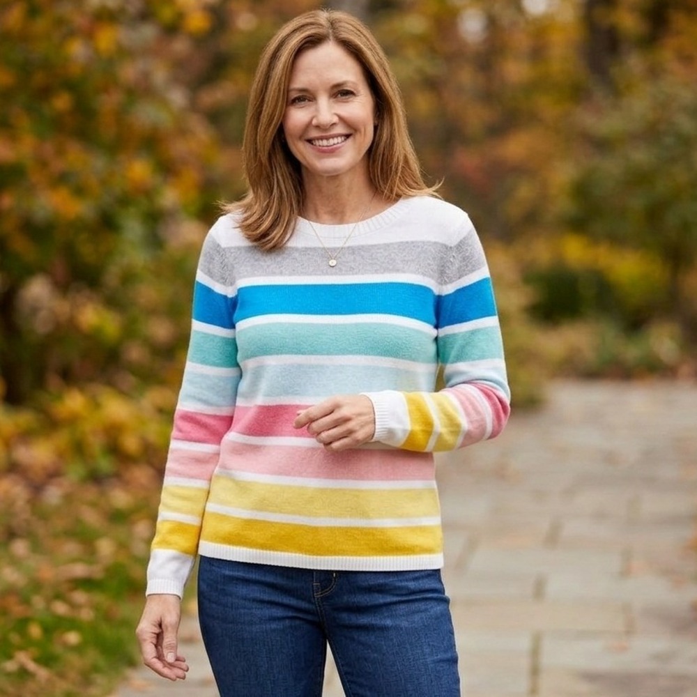 Talbots Striped Sweater Womens Medium Multicolor Cotton Blend Crewneck Rainbow